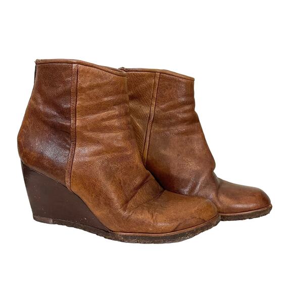 Stuart Weitzman Boots Women 9M Brown Leather Wedge Clog Almond Toe Ankle SPAIN - Picture 1 of 14